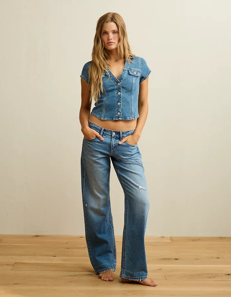 Haut boutonné à manches courtes en denim AE