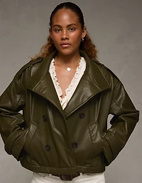 AE Faux Leather Cropped Trench Jacket