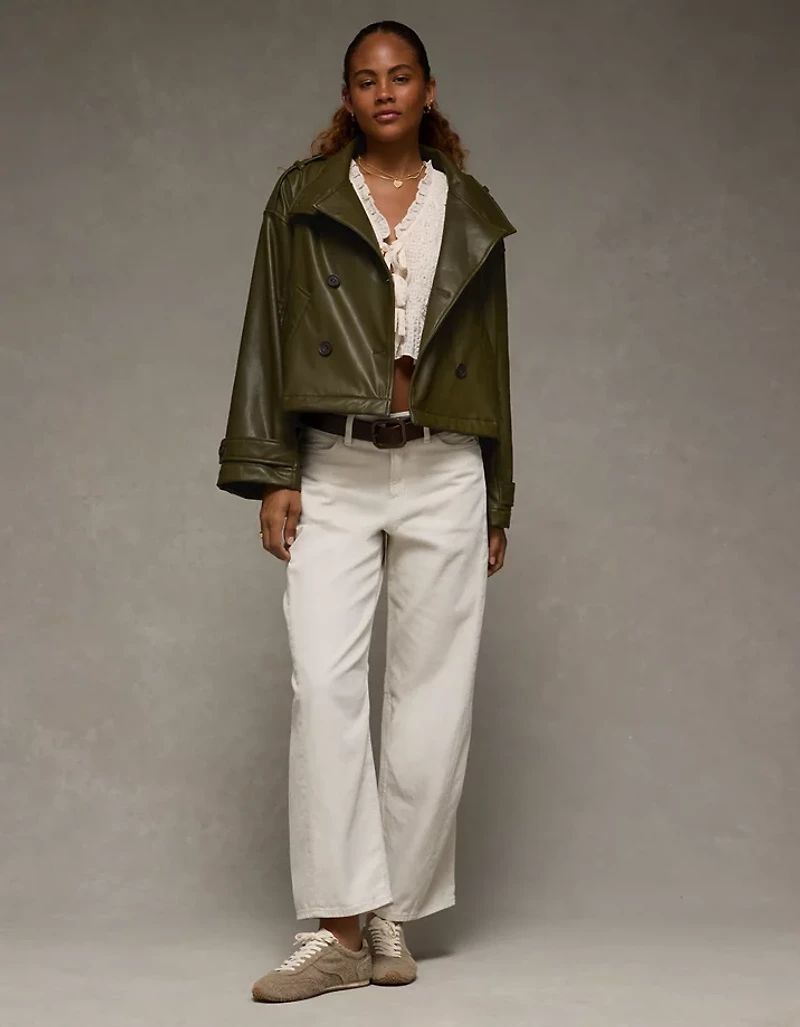 AE Faux Leather Cropped Trench Jacket