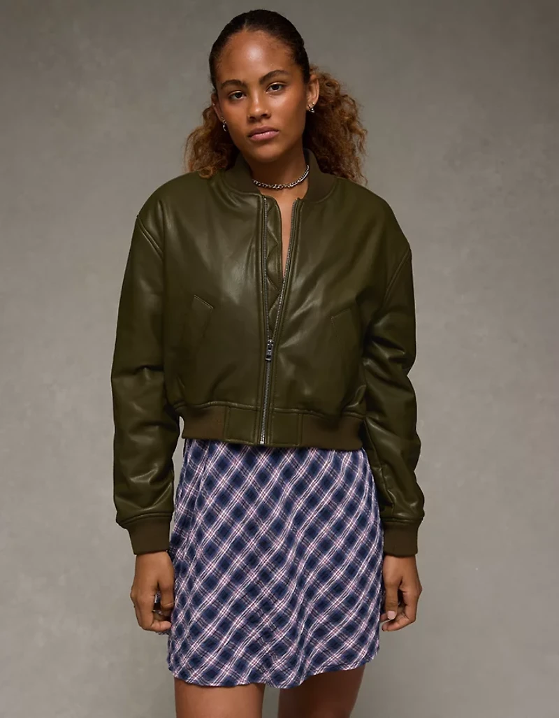 AE Faux Leather Cropped Bomber Jacket