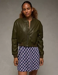 AE Faux Leather Cropped Bomber Jacket
