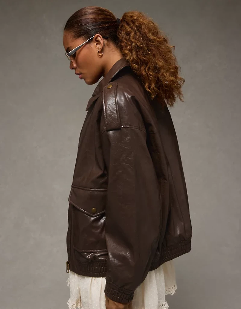 AE Oversized Vegan Leather Bomber Jacket