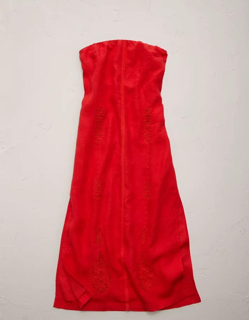 AE77 Embroidered Strapless Linen Tube Dress
