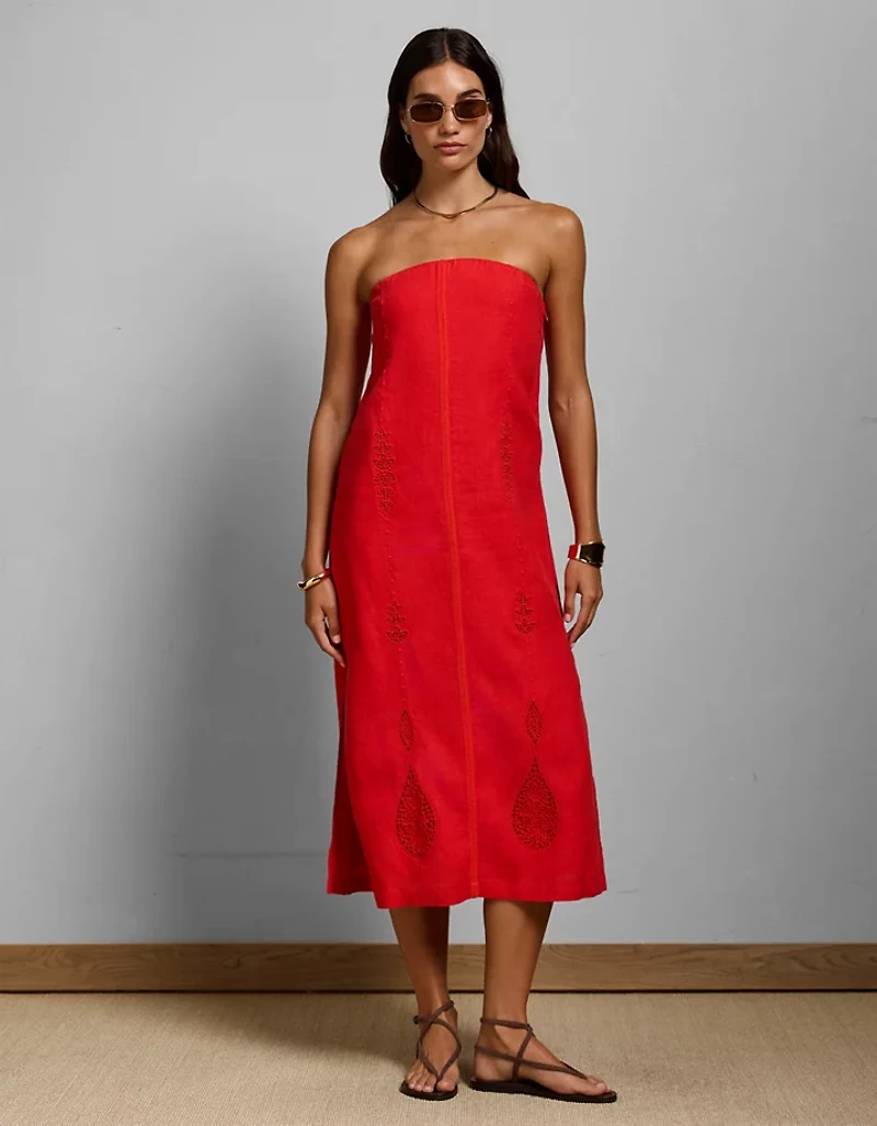 AE77 Embroidered Strapless Linen Tube Dress