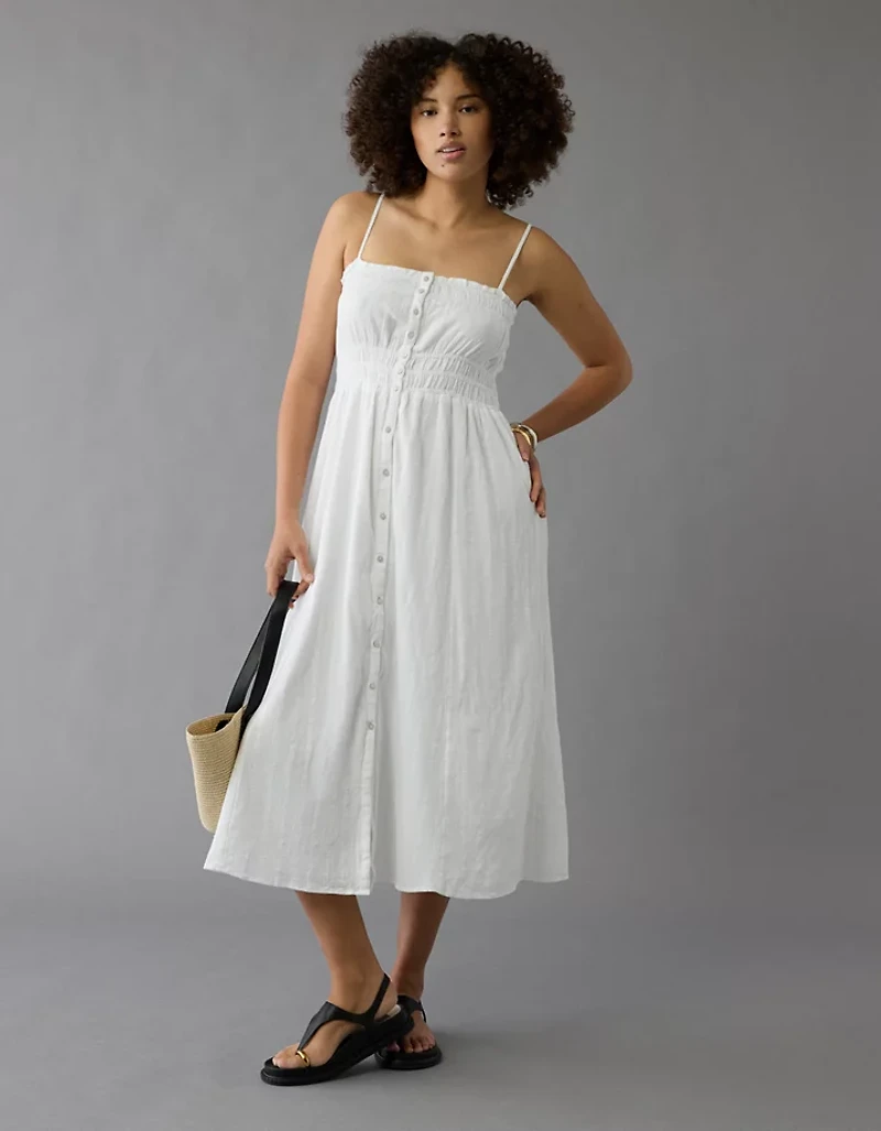 Robe mi-longue boutonnée à garniture ruchée AE