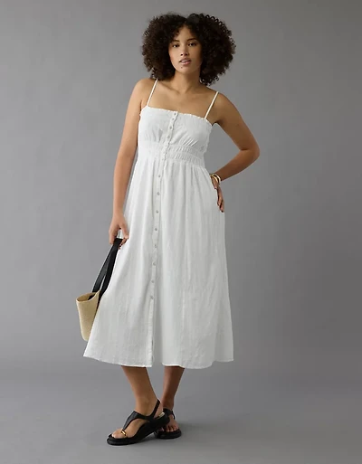 Robe mi-longue boutonnée à garniture ruchée AE