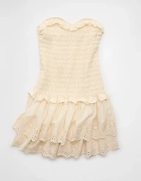 Minirobe à taille basse volants et smocks sans bretelles AE