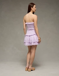 AE Strapless Smocked Ruffle Drop Waist Mini Dress