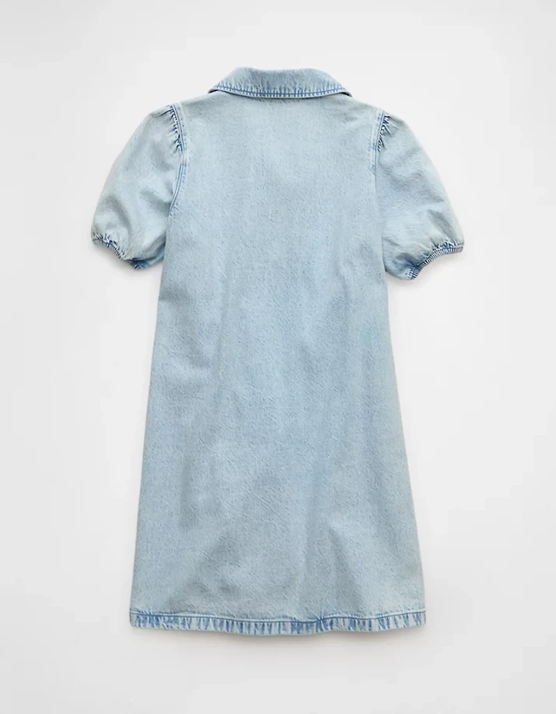 AE Collared Puff Sleeve Tie Front Denim Mini Dress