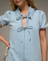 AE Collared Puff Sleeve Tie Front Denim Mini Dress