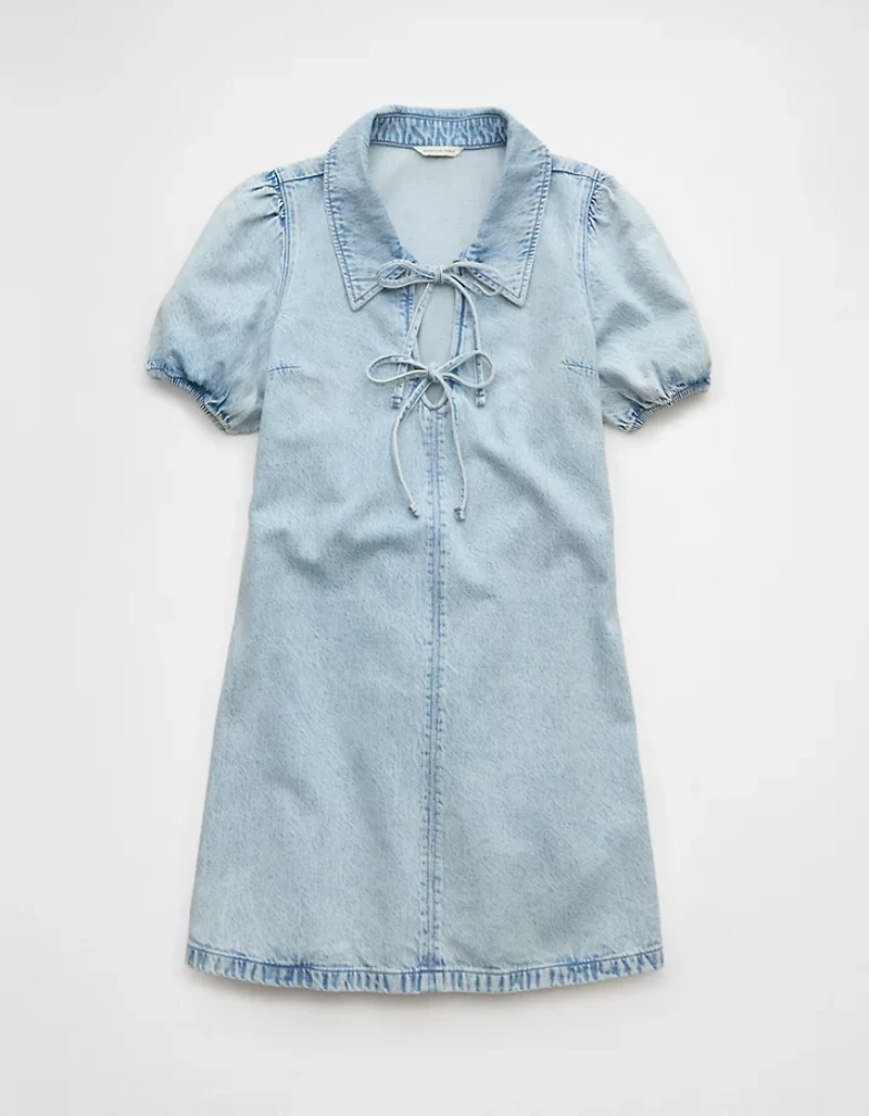 Minirobe en denim noué à l’avant manches bouffantes et col AE