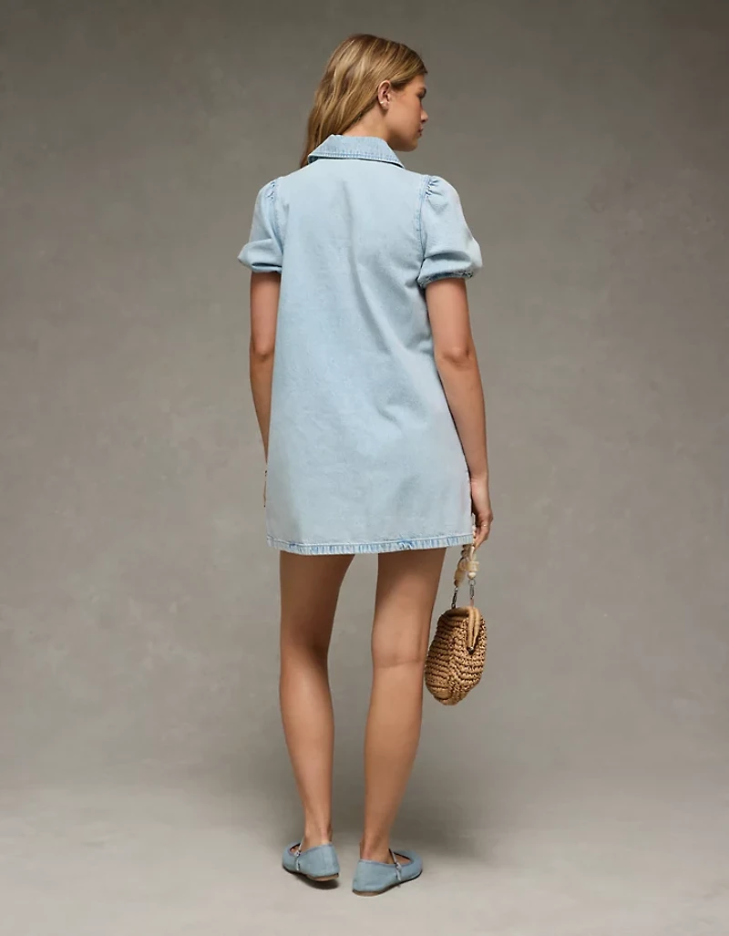 Minirobe en denim noué à l’avant manches bouffantes et col AE