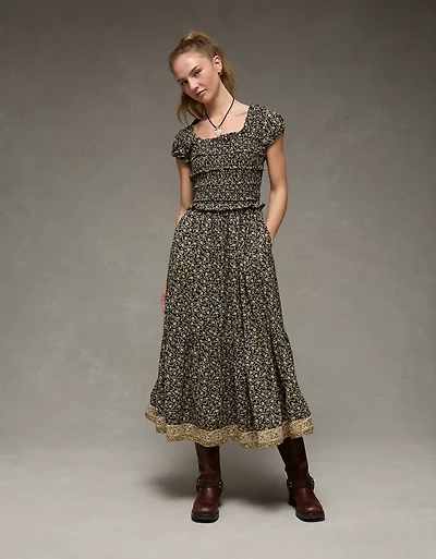 AE Scoop Neck Smocked Midi Dress