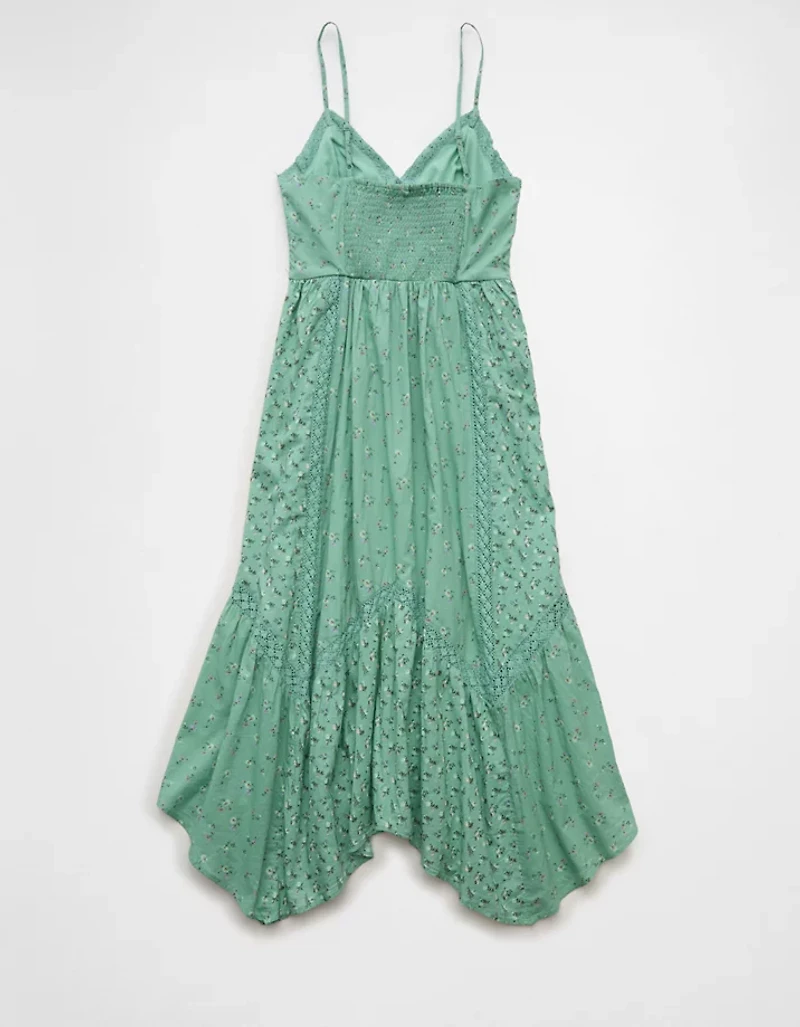 AE V-Neck Lace Inset Hanky Hem Midi Dress