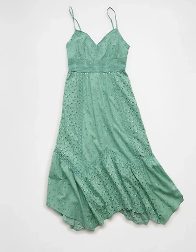 AE V-Neck Lace Inset Hanky Hem Midi Dress