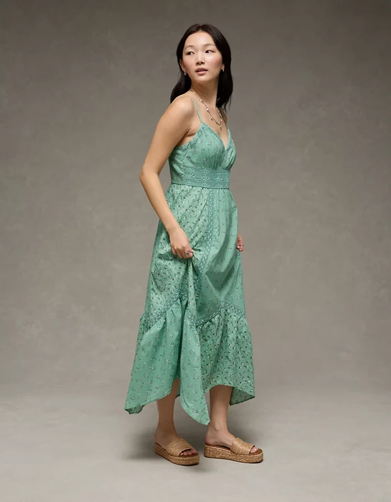 AE V-Neck Lace Inset Hanky Hem Midi Dress