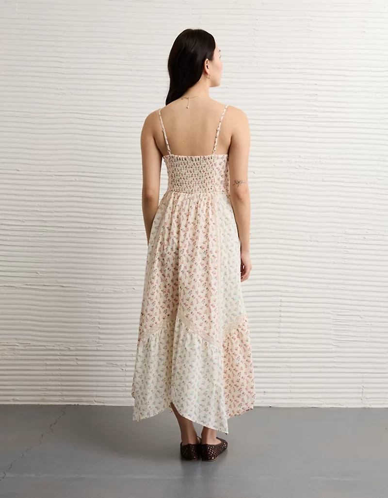 AE V-Neck Lace Inset Hanky Hem Midi Dress