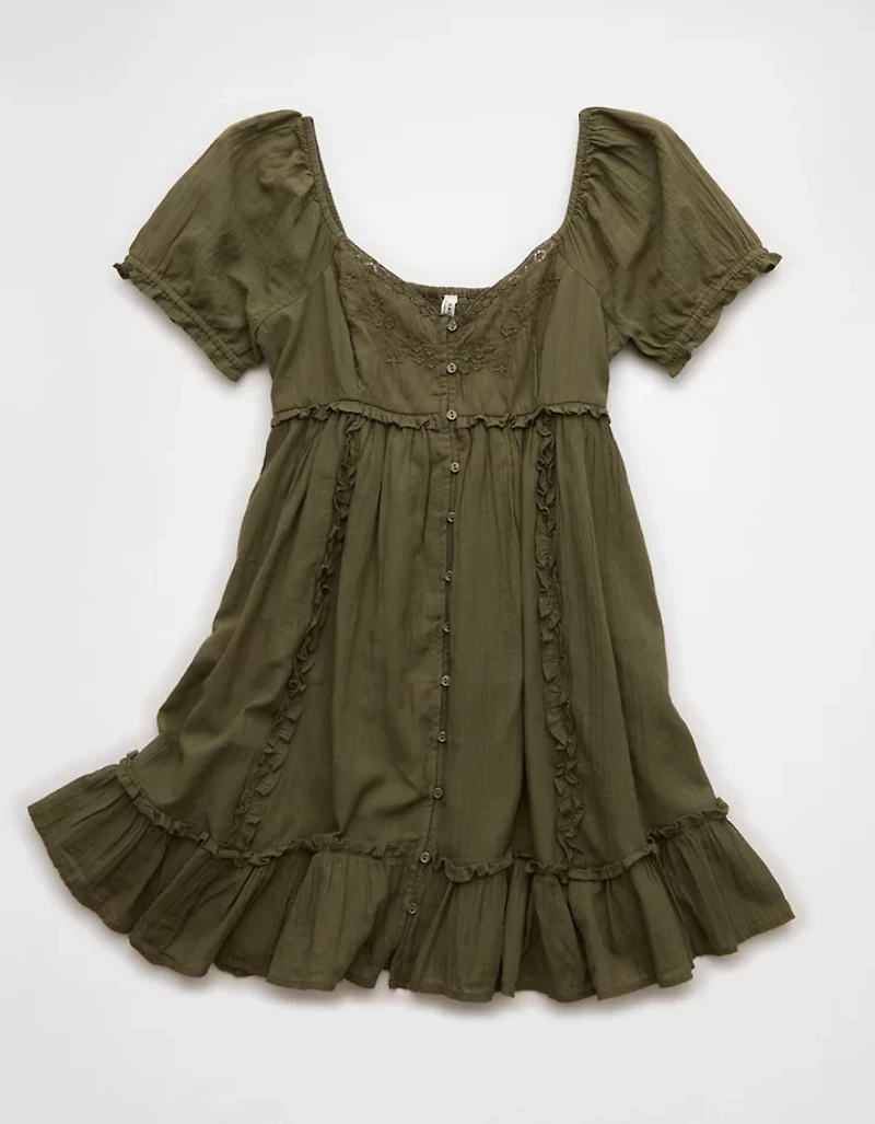AE Babydoll Puff-Sleeve Embroidered Mini Dress