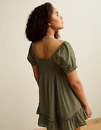 AE Babydoll Puff-Sleeve Embroidered Mini Dress
