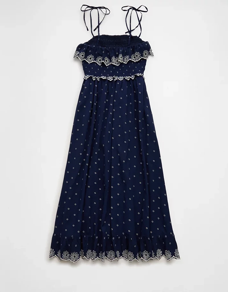 Robe mi-longue à smocks et bretelles nouées AE
