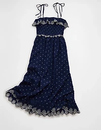 Robe mi-longue à smocks et bretelles nouées AE