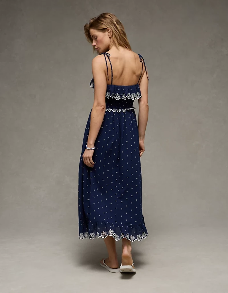 Robe mi-longue à smocks et bretelles nouées AE