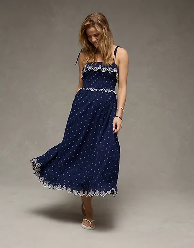 Robe mi-longue à smocks et bretelles nouées AE