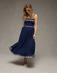 Robe mi-longue à smocks et bretelles nouées AE