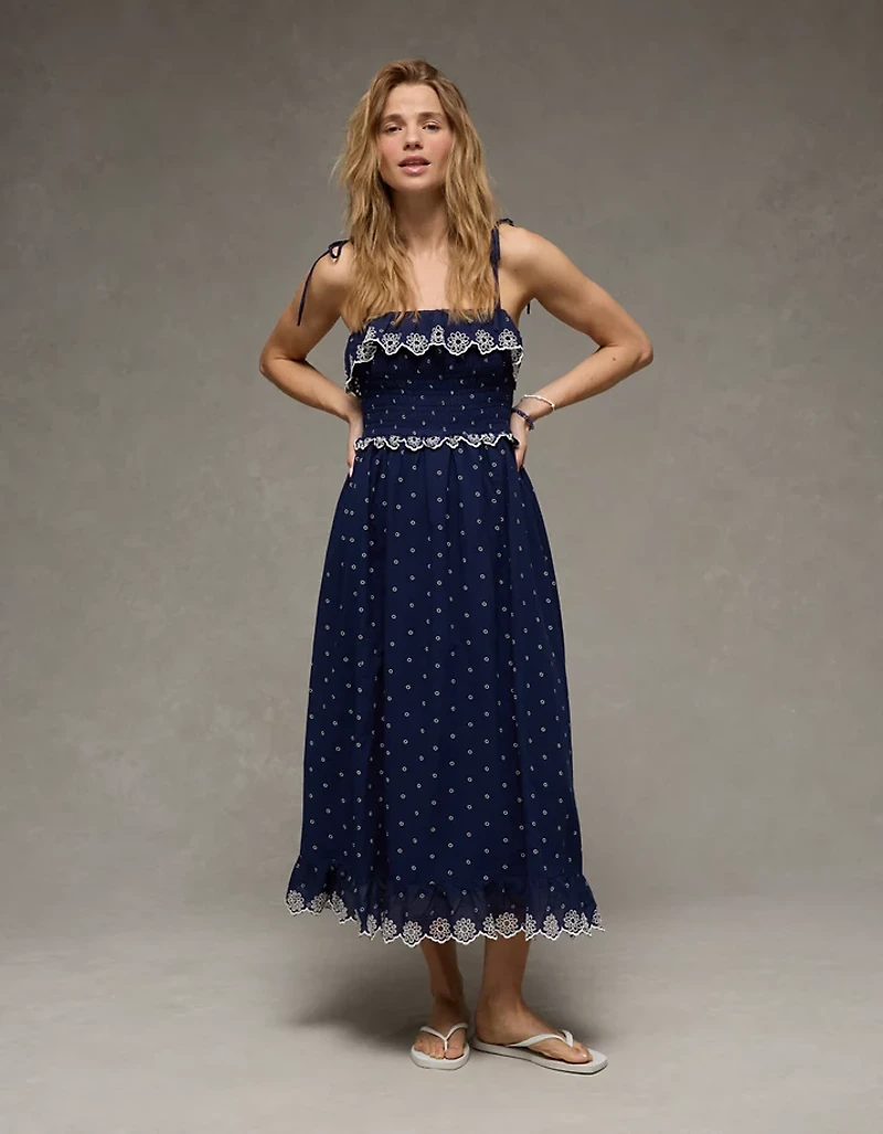 Robe mi-longue à smocks et bretelles nouées AE