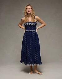 Robe mi-longue à smocks et bretelles nouées AE