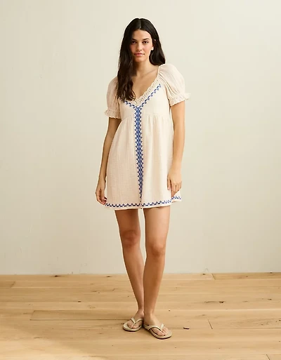 AE Embroidered Puff-Sleeve Babydoll Mini Dress