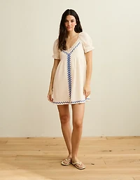 AE Embroidered Puff-Sleeve Babydoll Mini Dress