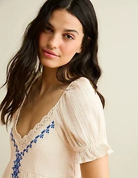 AE Embroidered Puff-Sleeve Babydoll Mini Dress