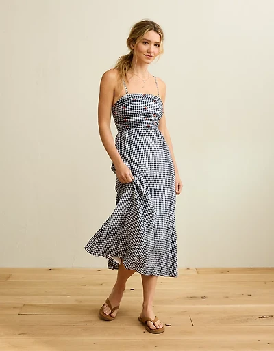 Peignoir brodé mi-long sans bretelles à smocks AE