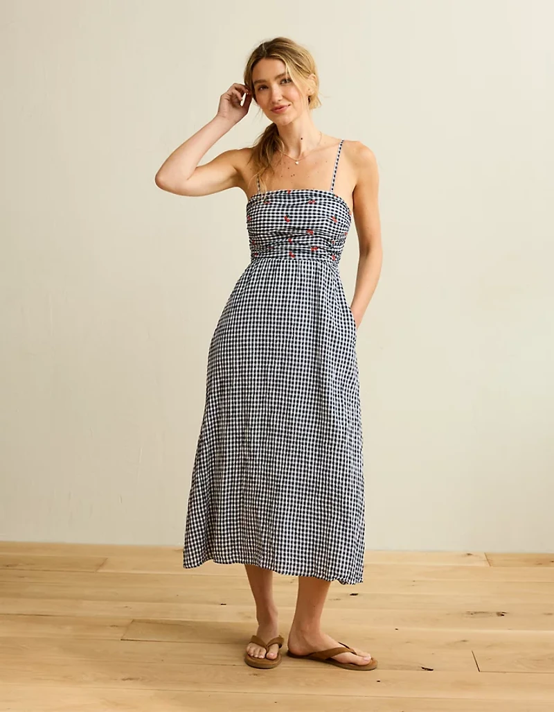 AE Strapless Smocked Embroidered Midi Dress