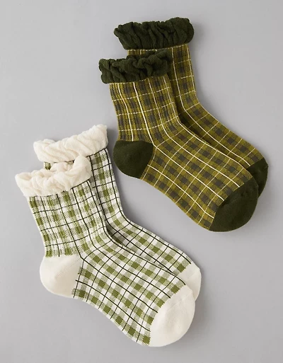 AE Plaid Ruffle Cropped Crew Socks 2-Pack