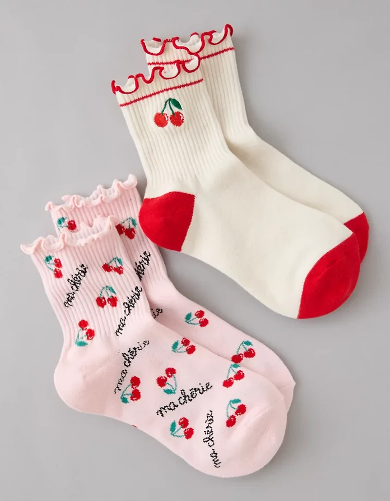 Emballage de deux paires de mi-chaussettes courtes à volants et imprimé de fruits AE