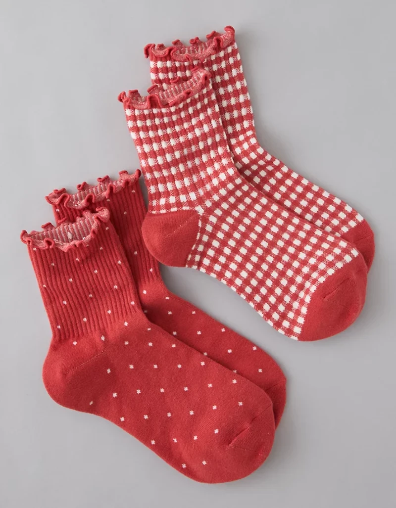 AE Polka Dot & Stripes Ruffle Cropped Crew Socks 2-Pack