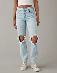 Jean droit ample à la cheville taille très haute déchiré extensible AE