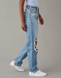Jean droit ample à taille la plus haute déchiré extensible et rigide AE