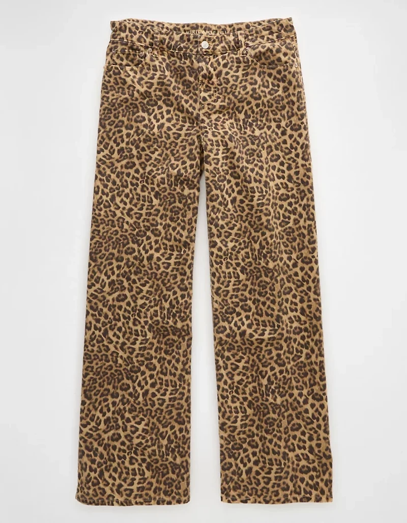 AE Stretch Leopard Low-Rise Baggy Wide-Leg Pant