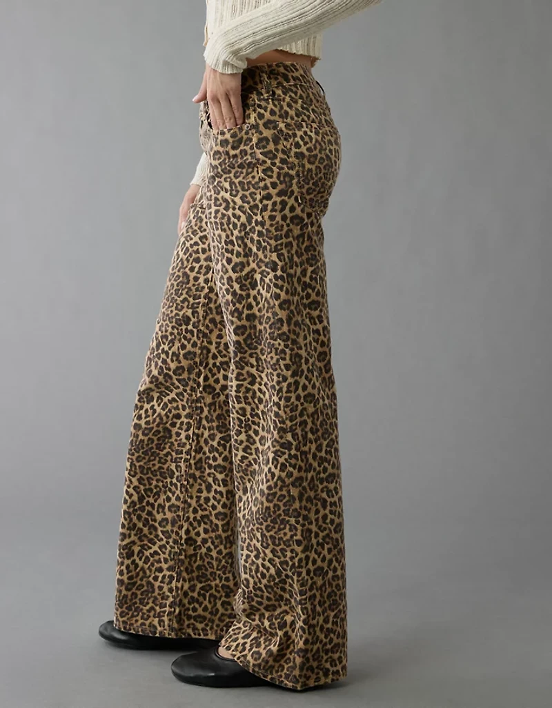 AE Stretch Leopard Low-Rise Baggy Wide-Leg Pant