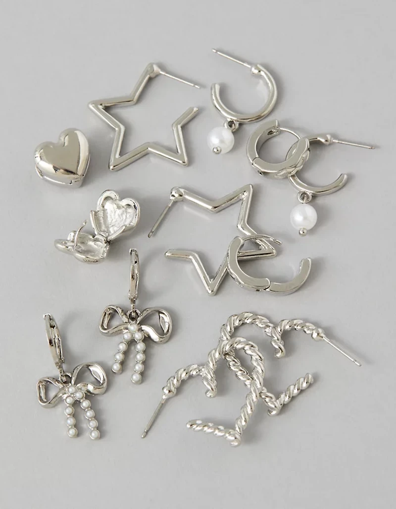 Lot de six paires de boucles d’oreilles étoile et cœur argentés AEO