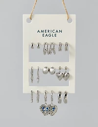 Emballage de neuf paires de boucles d’oreille avec boucles argentées AE