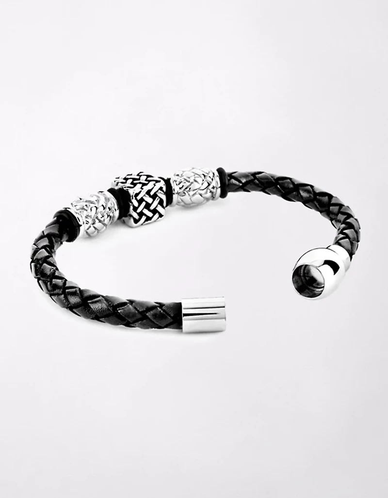 West Coast Jewelry Beaded Black Braided Leather Bracelet