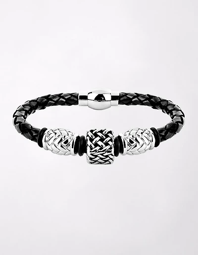 West Coast Jewelry Beaded Black Braided Leather Bracelet