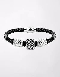 West Coast Jewelry Beaded Black Braided Leather Bracelet
