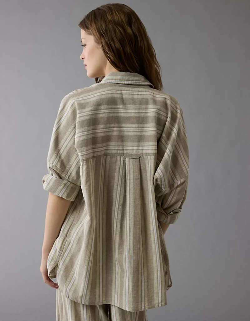 AE Go Big Linen-Blend Oversized Striped Shirt