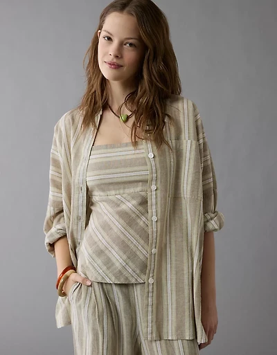 AE Go Big Linen-Blend Oversized Striped Shirt