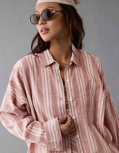 AE Go Big Linen-Blend Oversized Striped Shirt